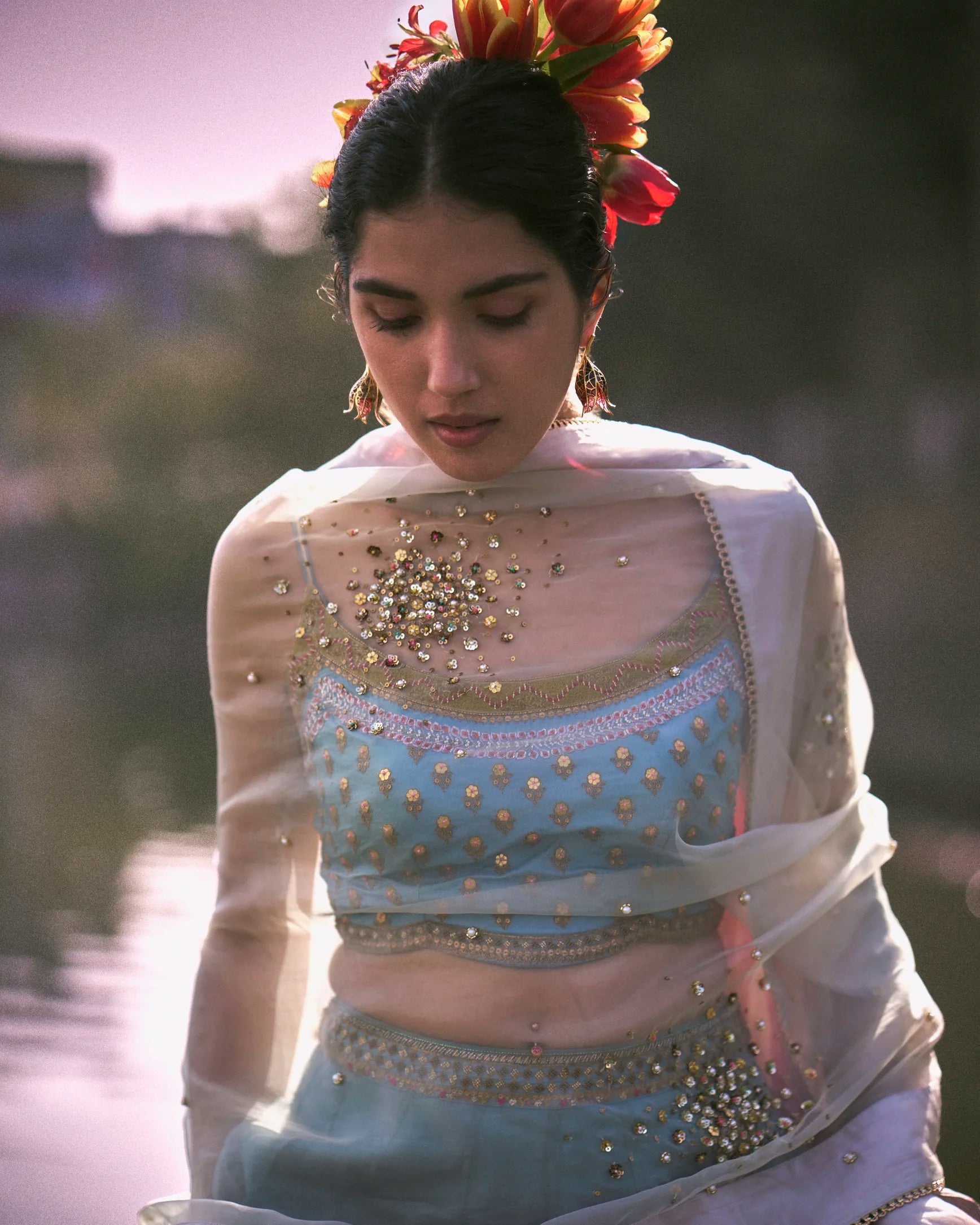 Gul Ice Blue Floral Organza Lehenga Set