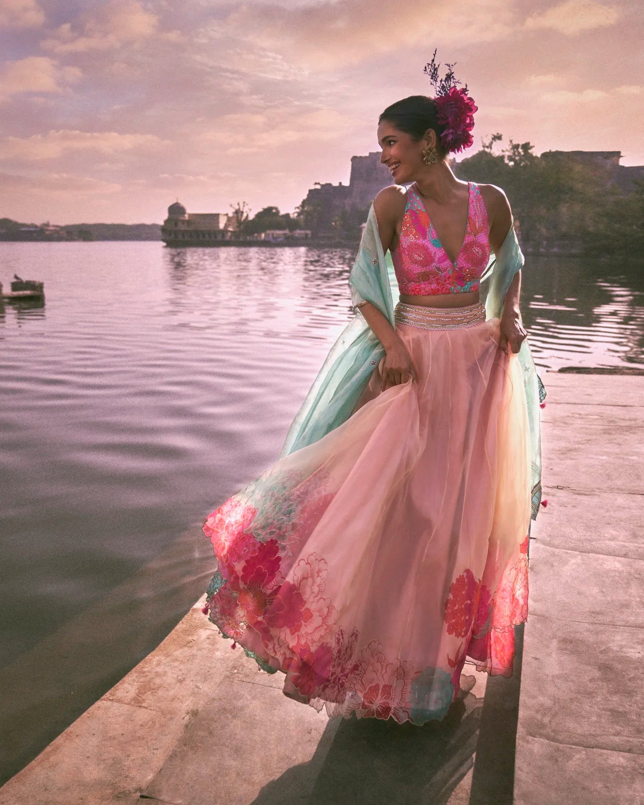 Gul Pastel Pink Floral Lehenga Set