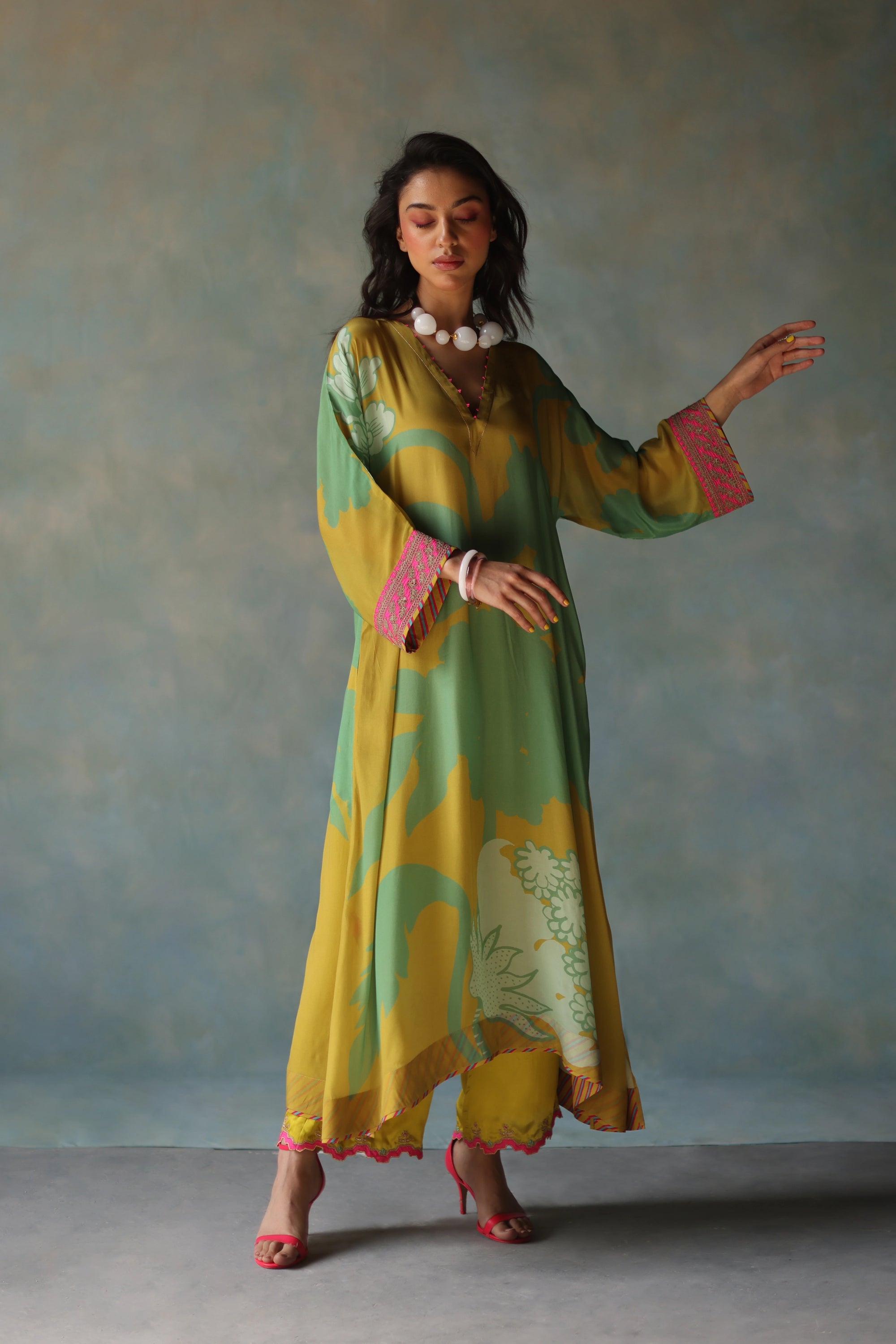 Gul Lime Yellow Flower Kaftan Kurta Set