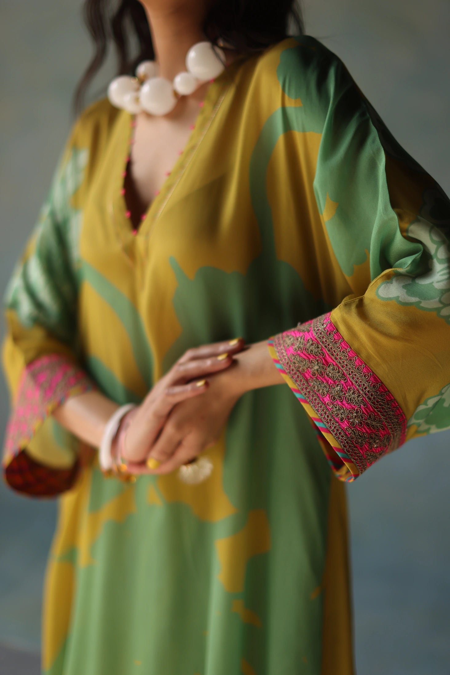 Gul Lime Yellow Flower Kaftan Kurta Set