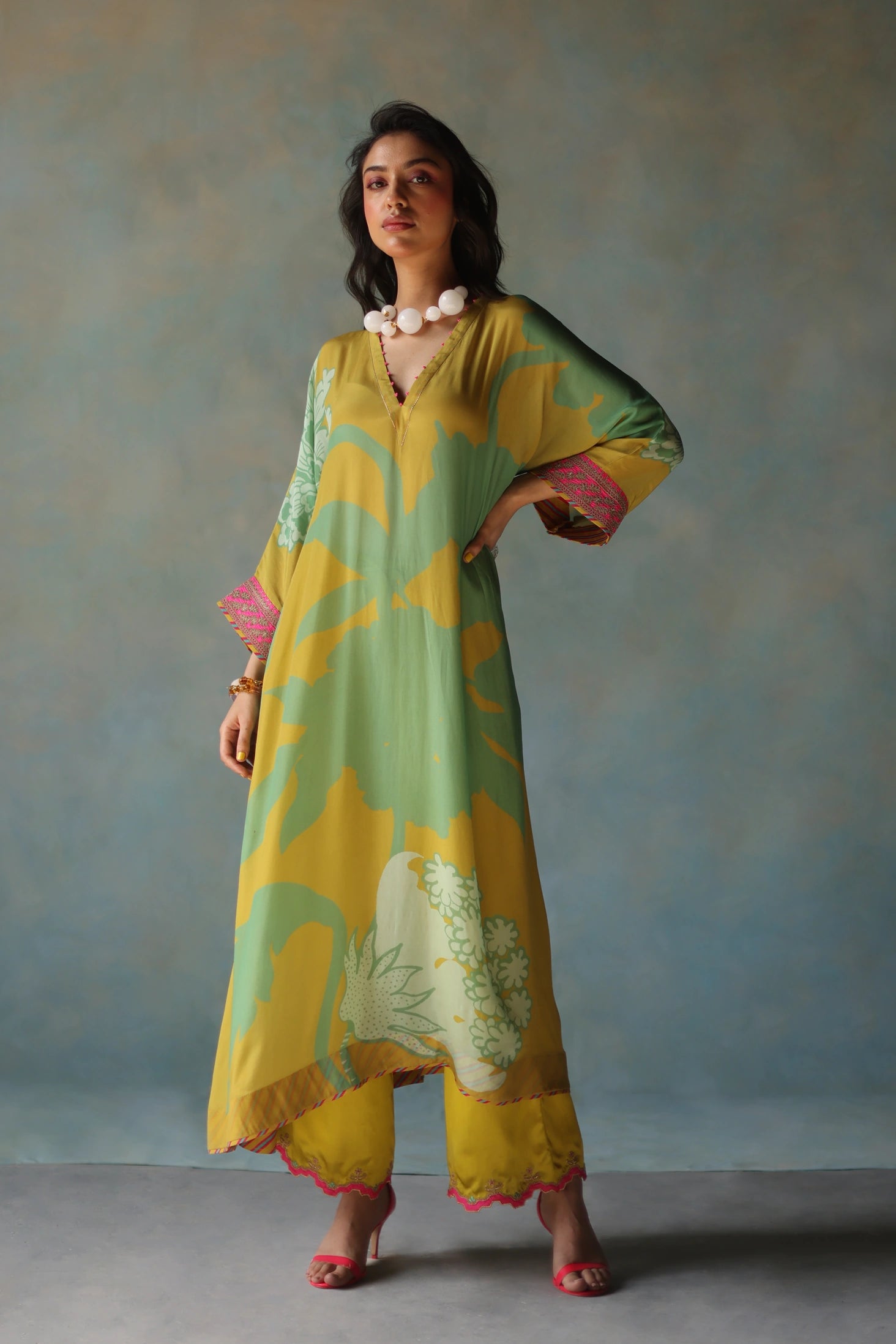 Gul Lime Yellow Flower Kaftan Kurta Set