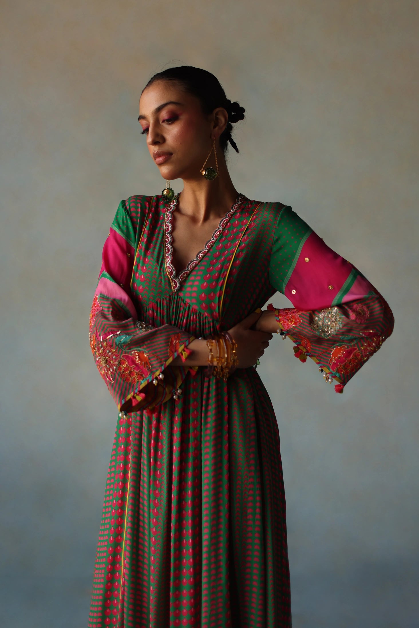 Gul Green - Hot Pink Front Puckering Tassel Sleeve Kurta Set
