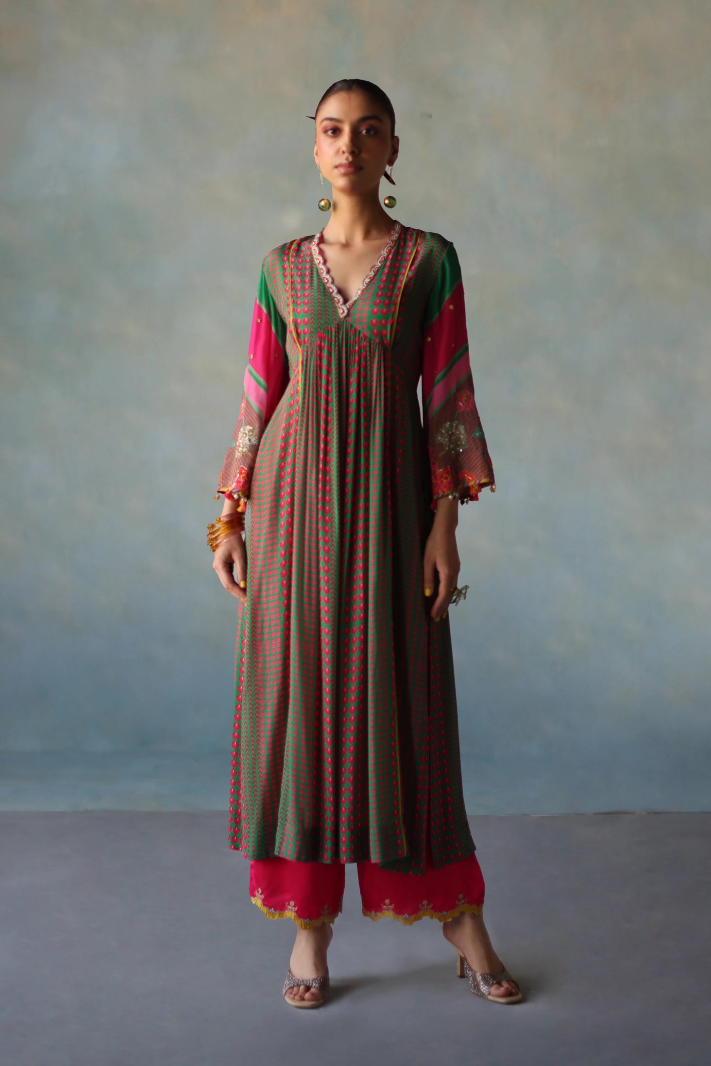 Gul Green - Hot Pink Front Puckering Tassel Sleeve Kurta Set