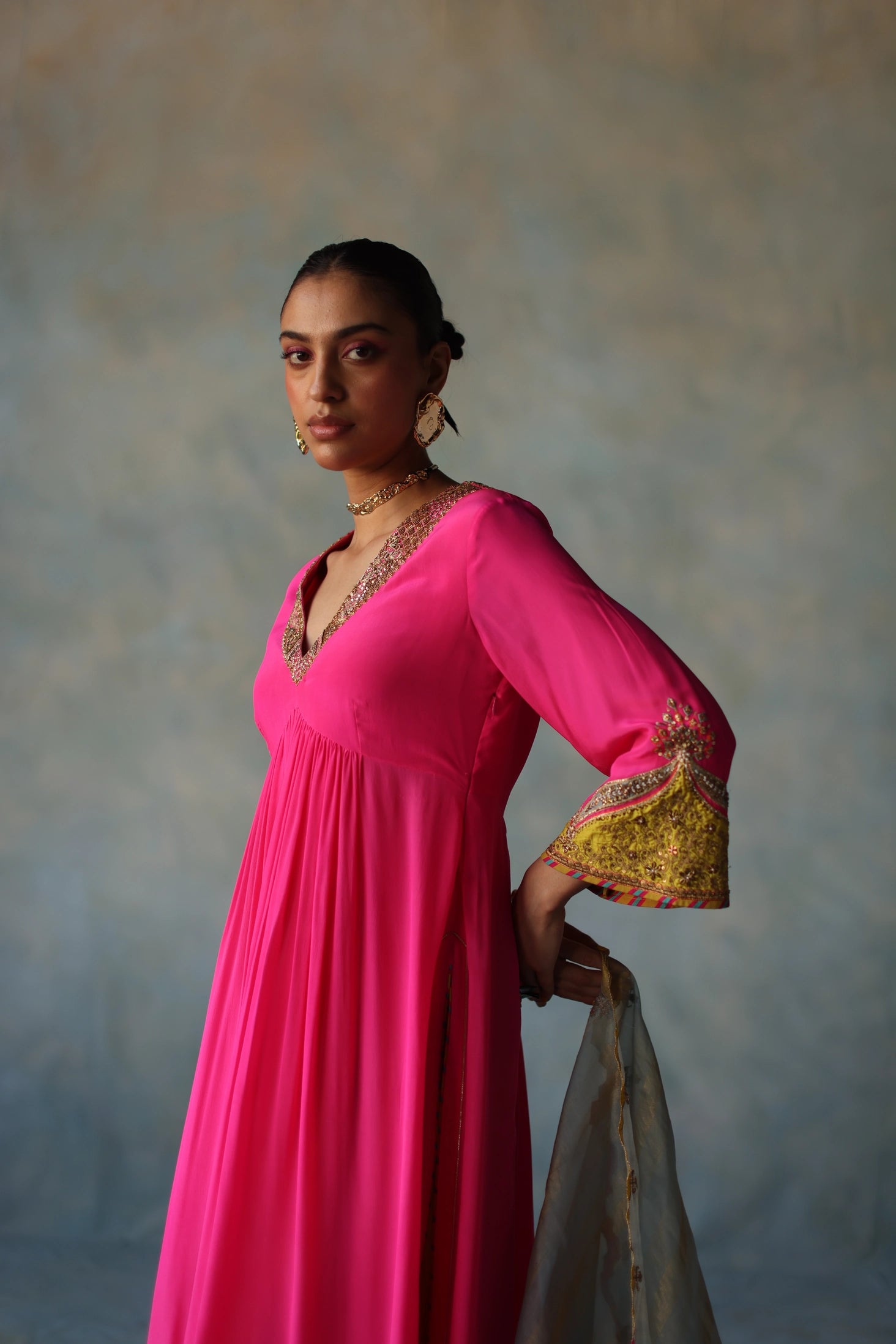 Gul Hot Pink Bell Sleeve Crepe Kurta Set  Raji Ramniq