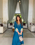 Mehal Kejriwal Teal Blue Silk Kaftan Kurta Set