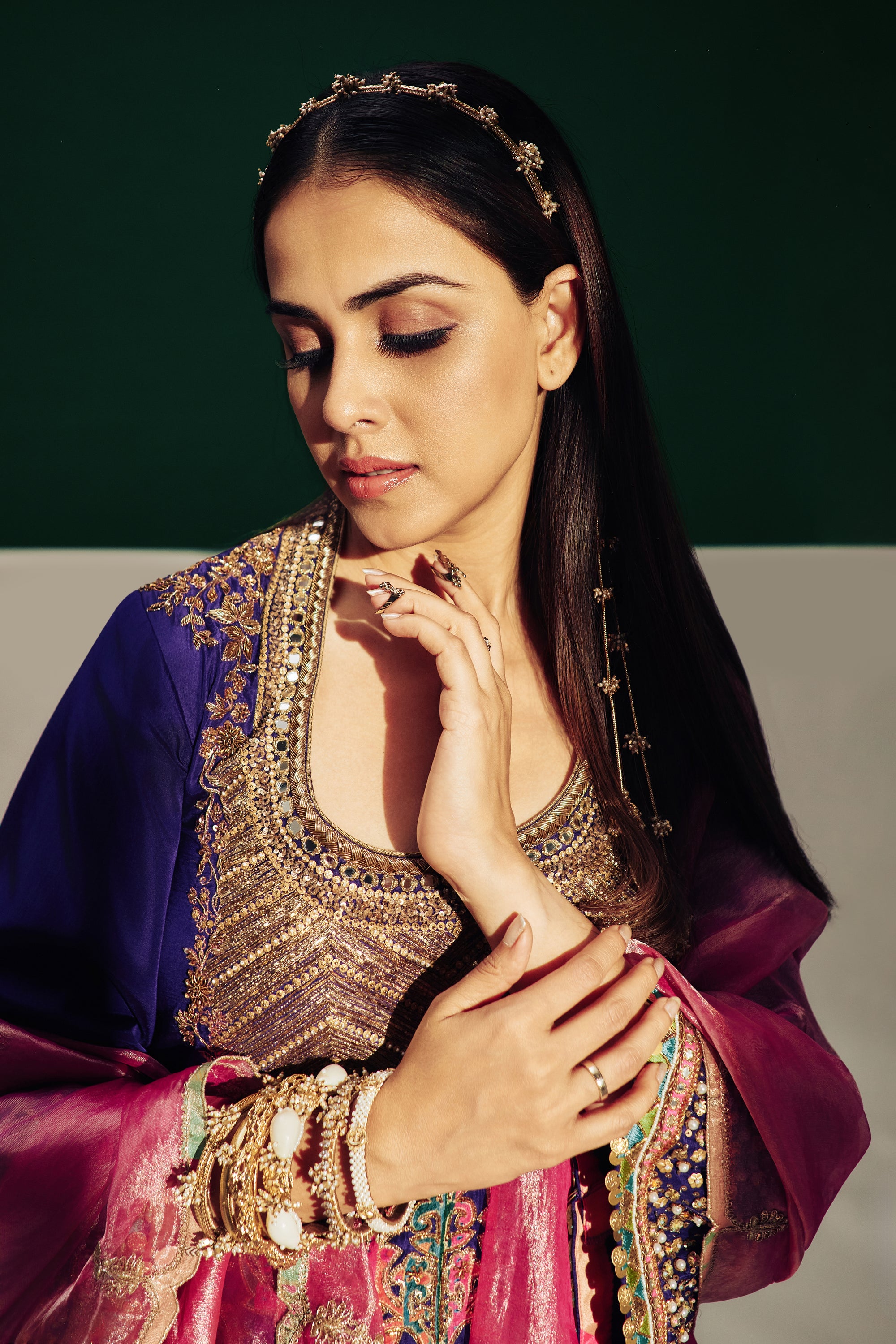 Genelia Purple Silk Yoke Boota Kurta Set