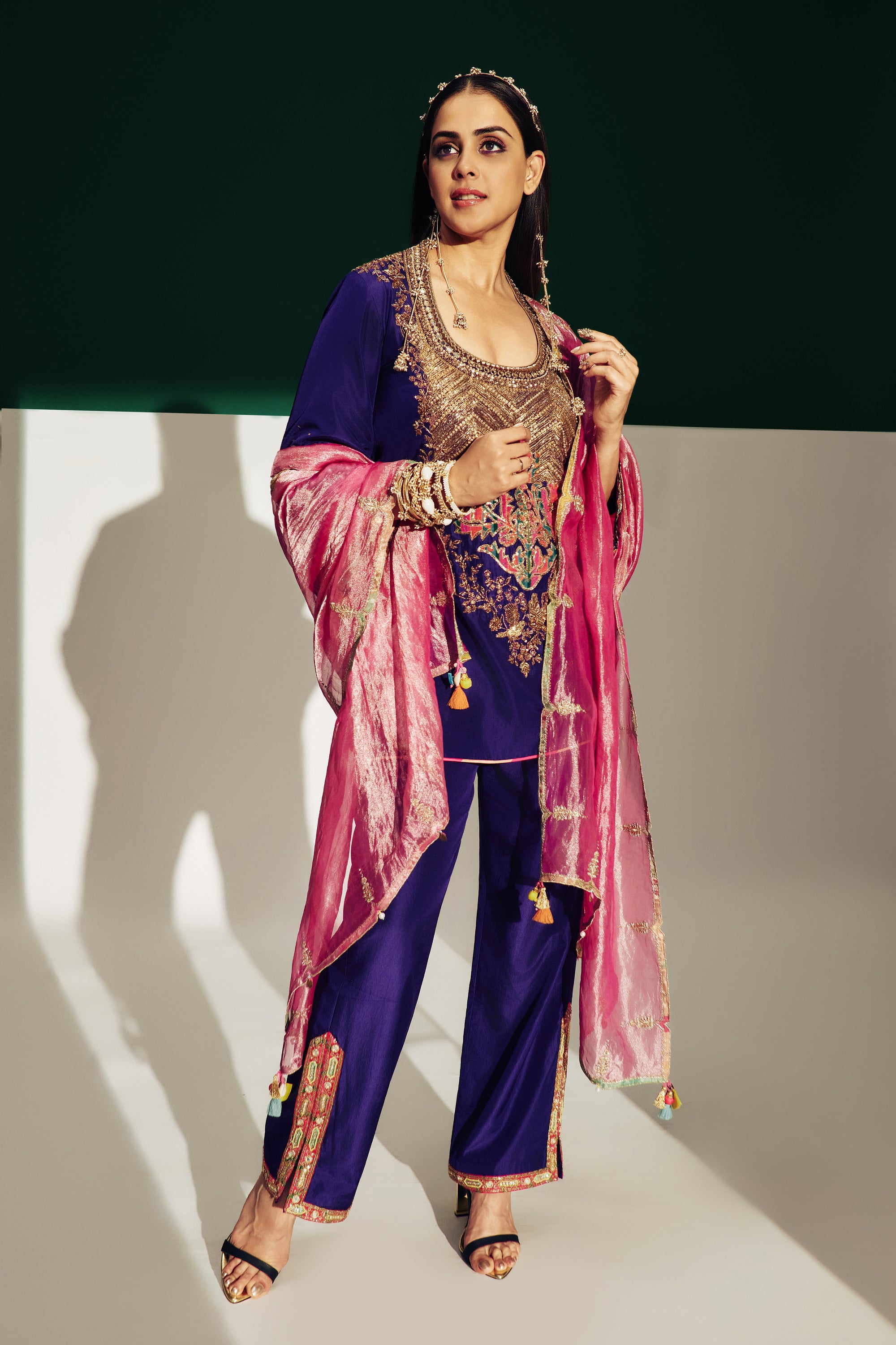 Genelia Purple Silk Yoke Boota Kurta Set