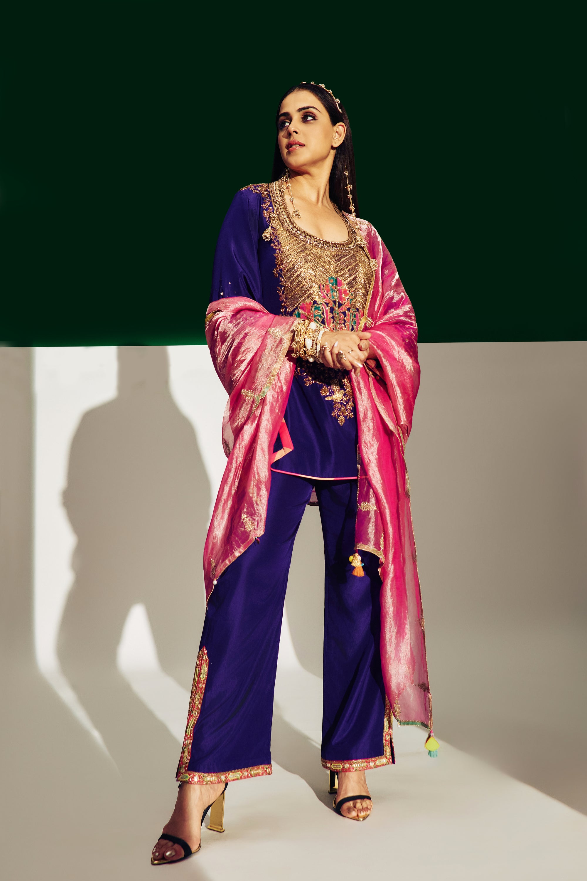 Genelia Purple Silk Yoke Boota Kurta Set