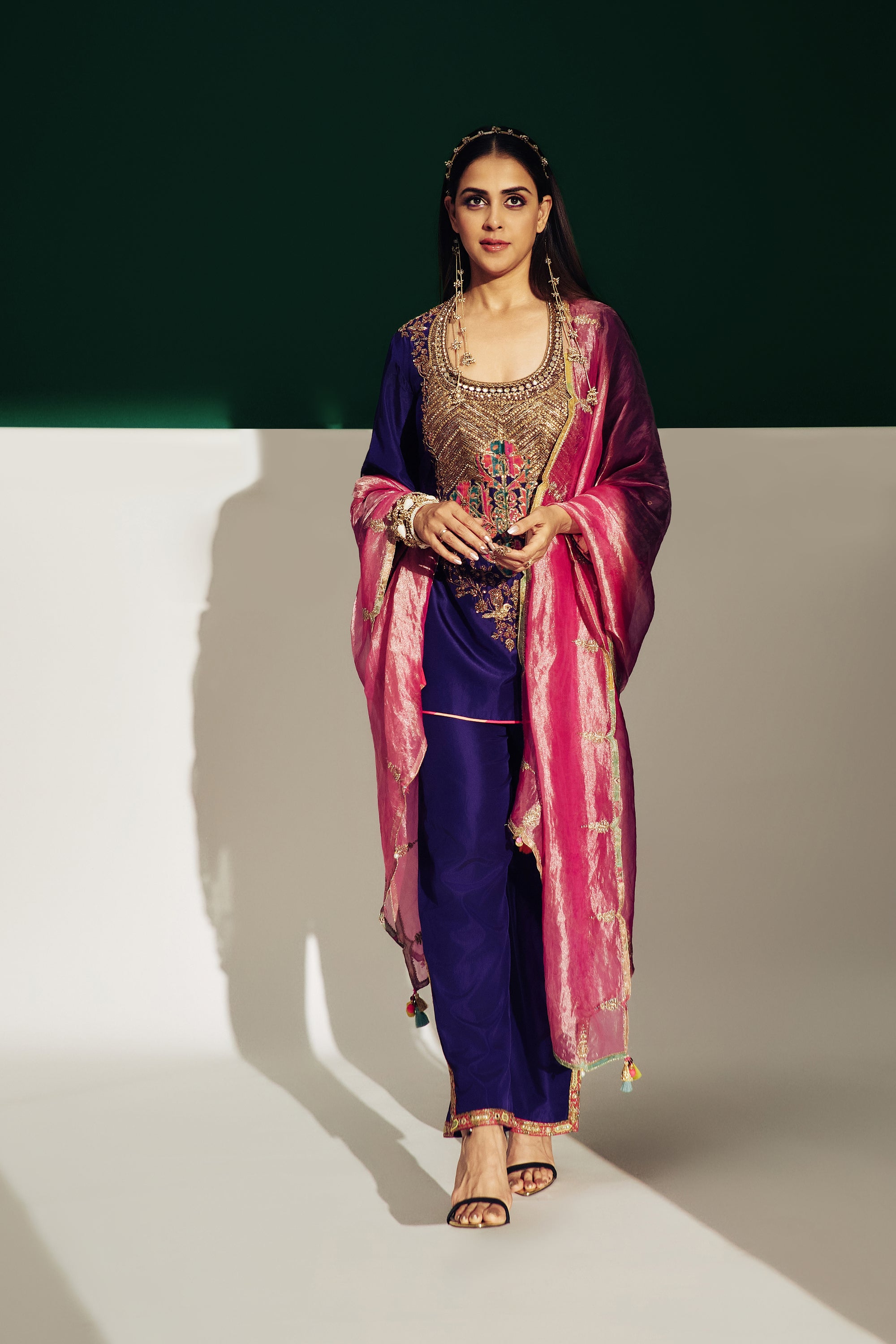 Genelia Purple Silk Yoke Boota Kurta Set