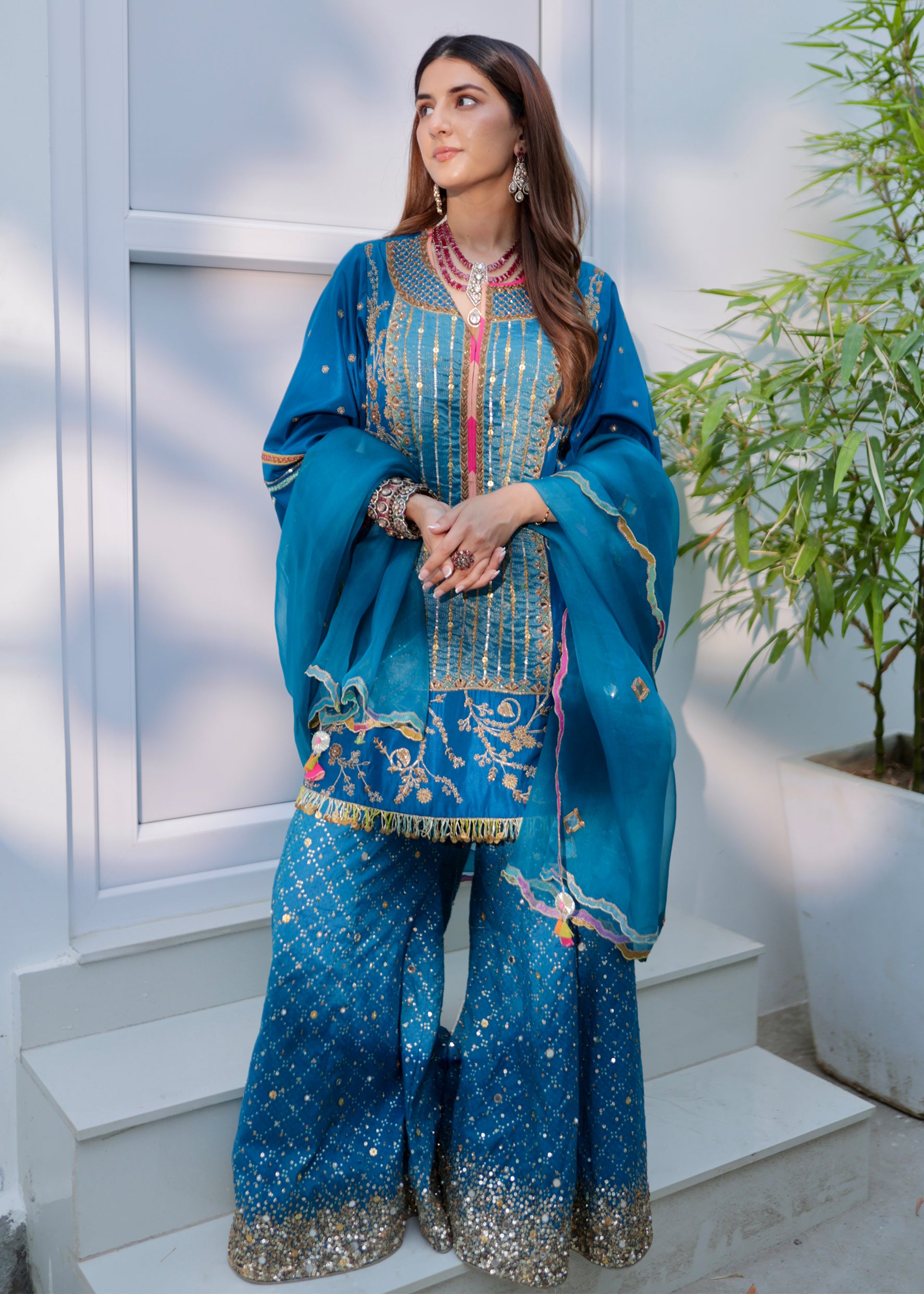 Meher Taluja Retro Raani Teal Blue Tree Sharara Set