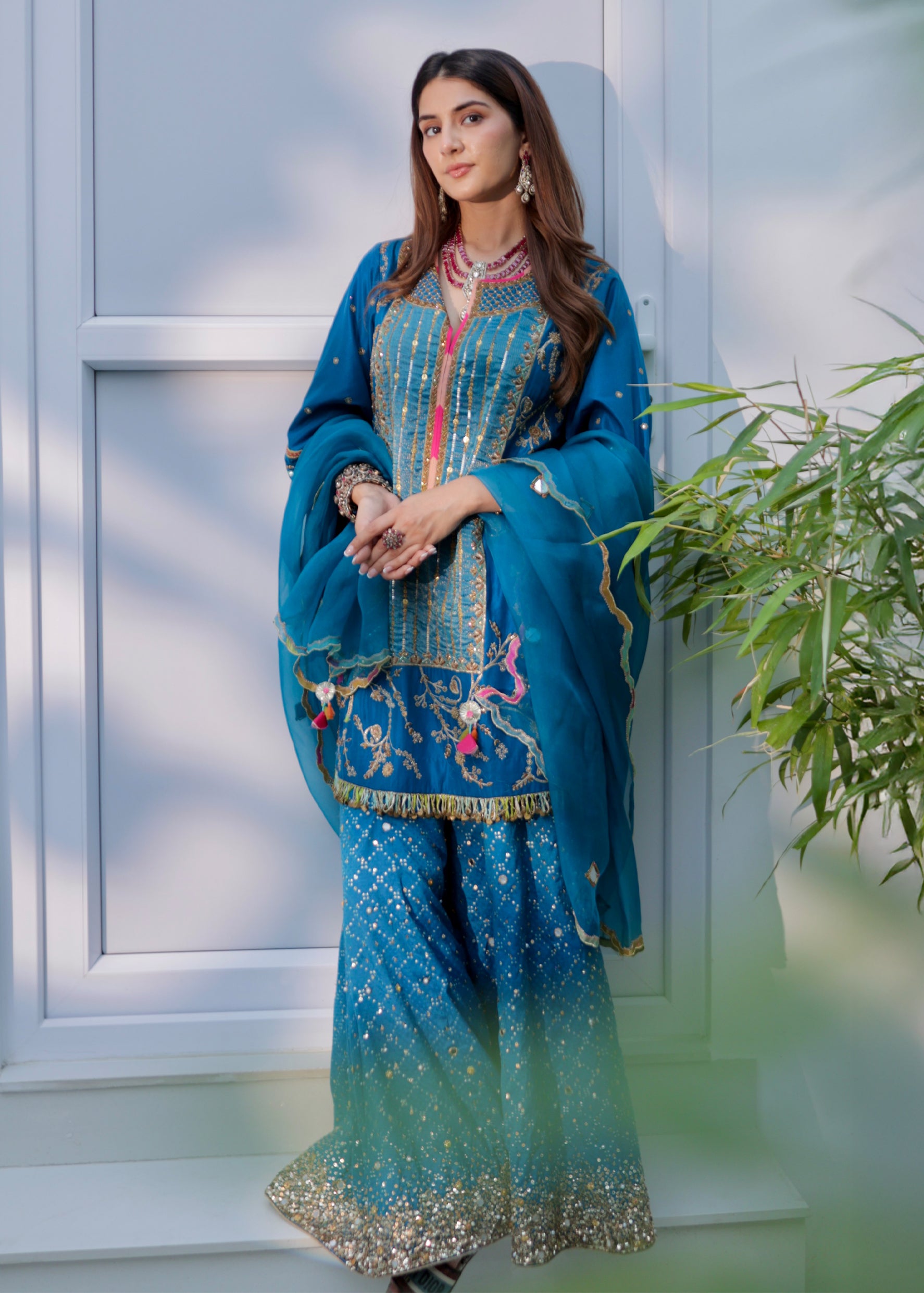 Meher Taluja Retro Raani Teal Blue Tree Sharara Set