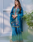 Meher Taluja Retro Raani Teal Blue Tree Sharara Set
