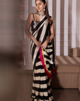 Meher Taluja Black And White Stripe Saree with Blouse Piece