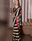 Meher Taluja Black And White Stripe Saree with Blouse Piece