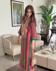 Mastani Pink- Green Stripes Yoke Kaftan Dress