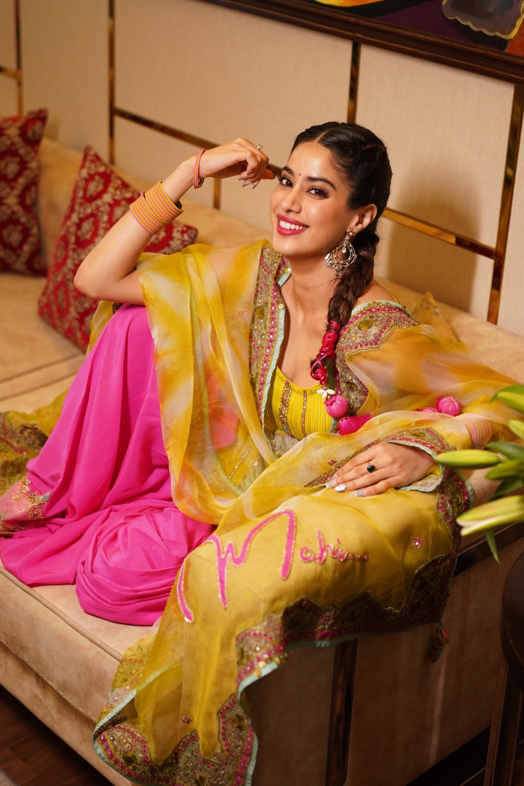 Janhvi Kapoor Bright Lime Short Sequins Kurti Set