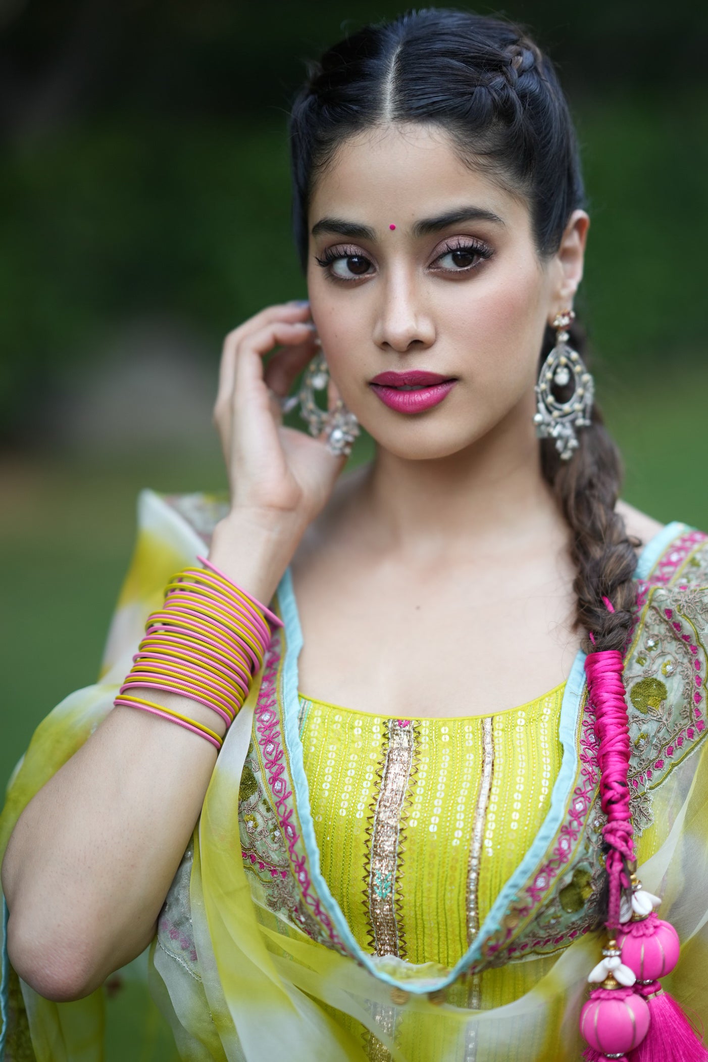 Janhvi Kapoor Bright Lime Short Sequins Kurti Set