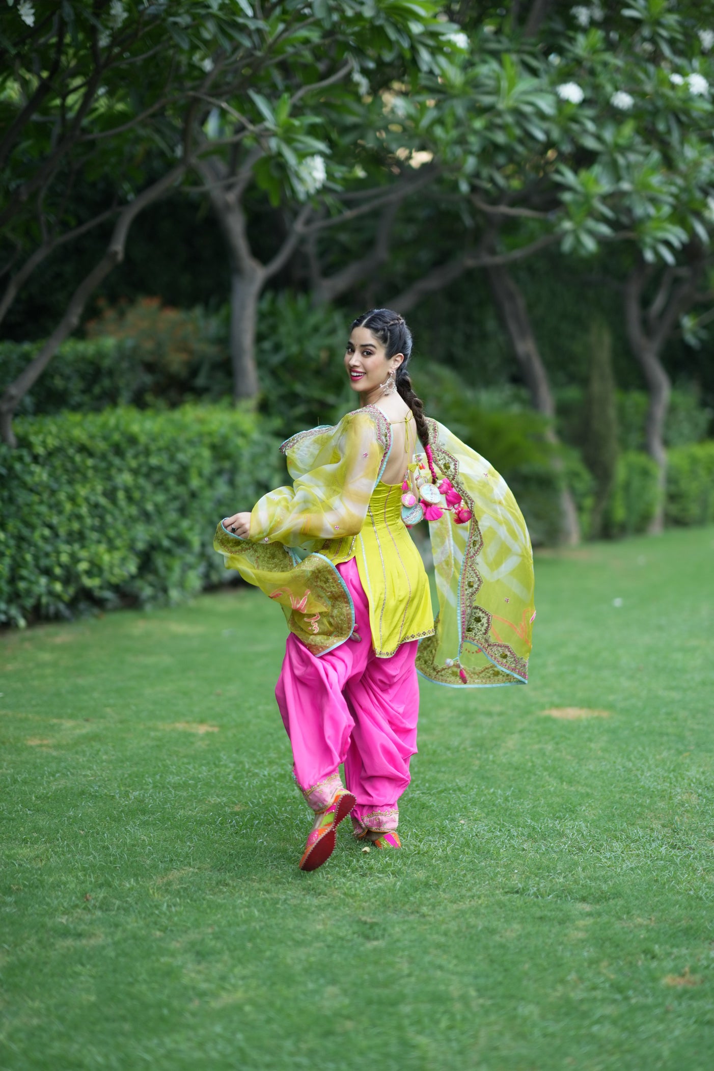 Janhvi Kapoor Bright Lime Short Sequins Kurti Set