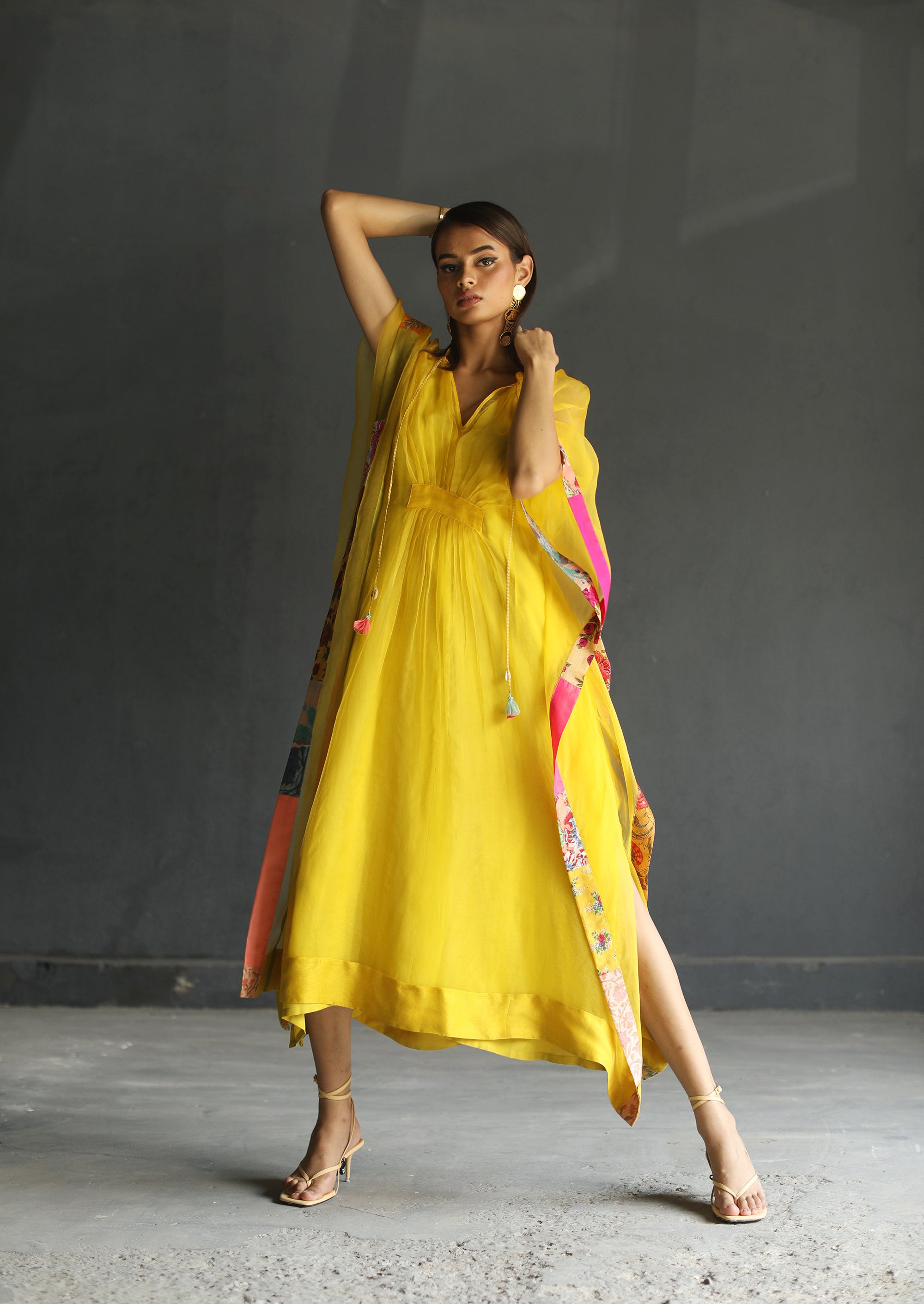Love To Dot Yellow Organza Kaftan