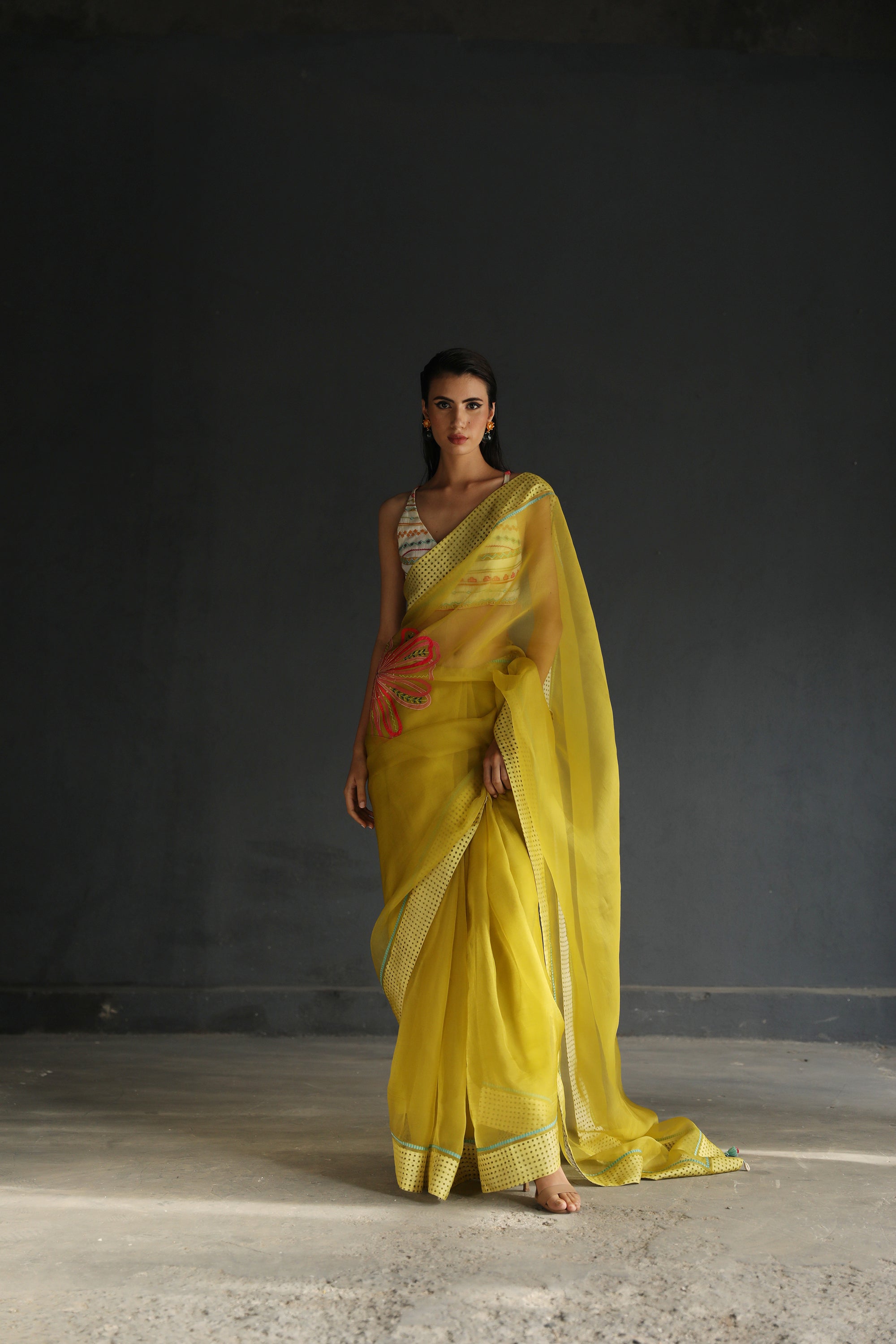 Love To Dot Yellow Flower Organza Sari
