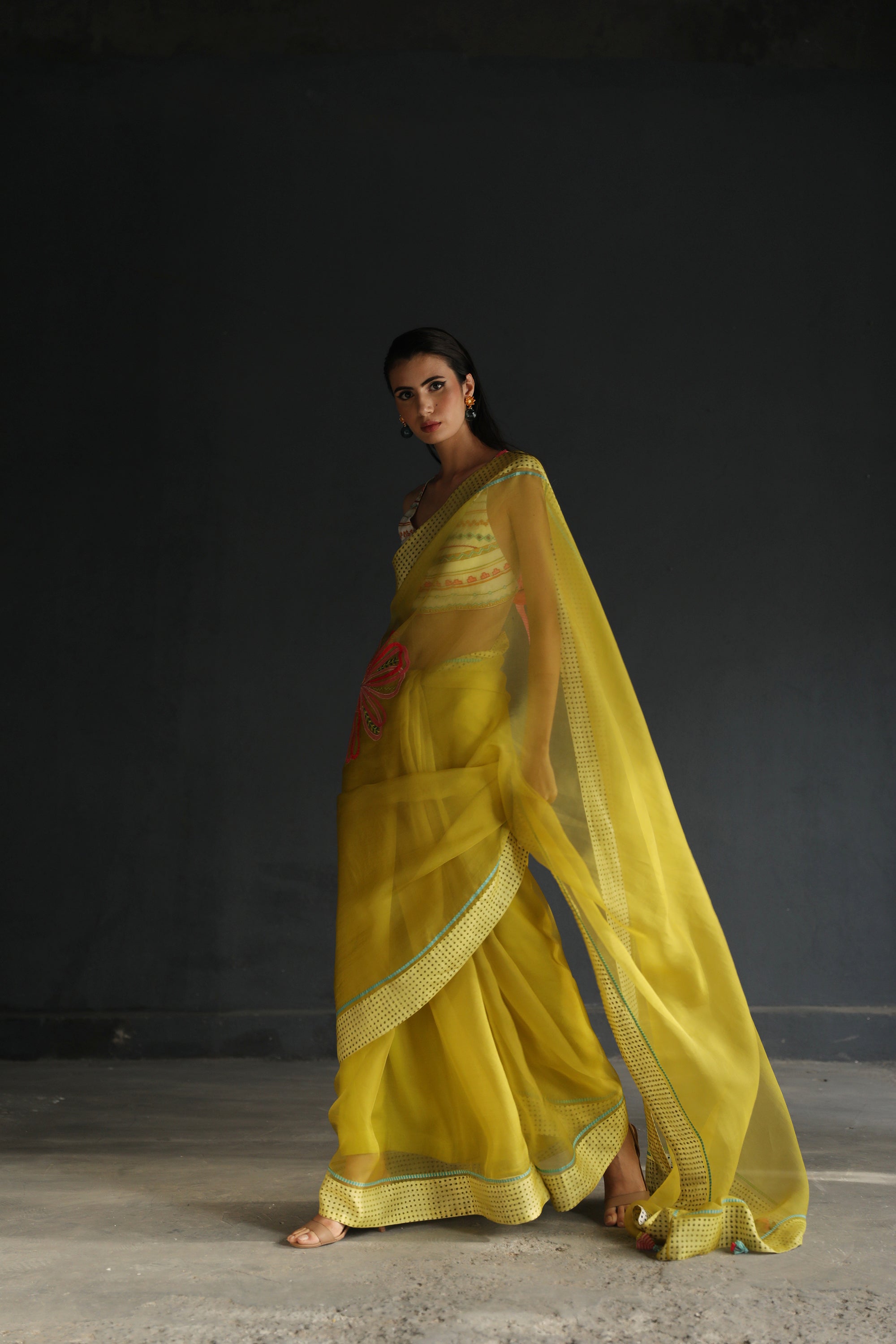 Love To Dot Yellow Flower Organza Sari