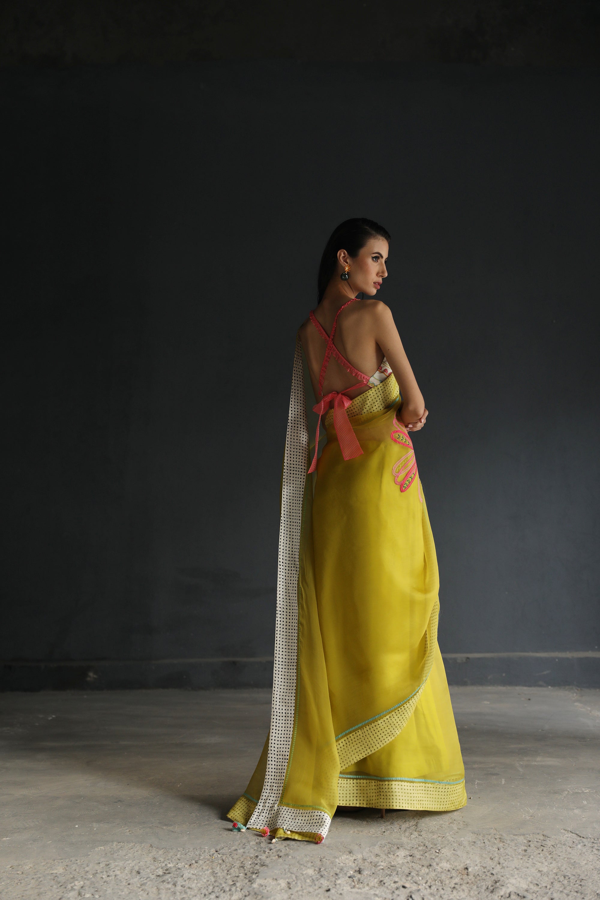 Love To Dot Yellow Flower Organza Sari