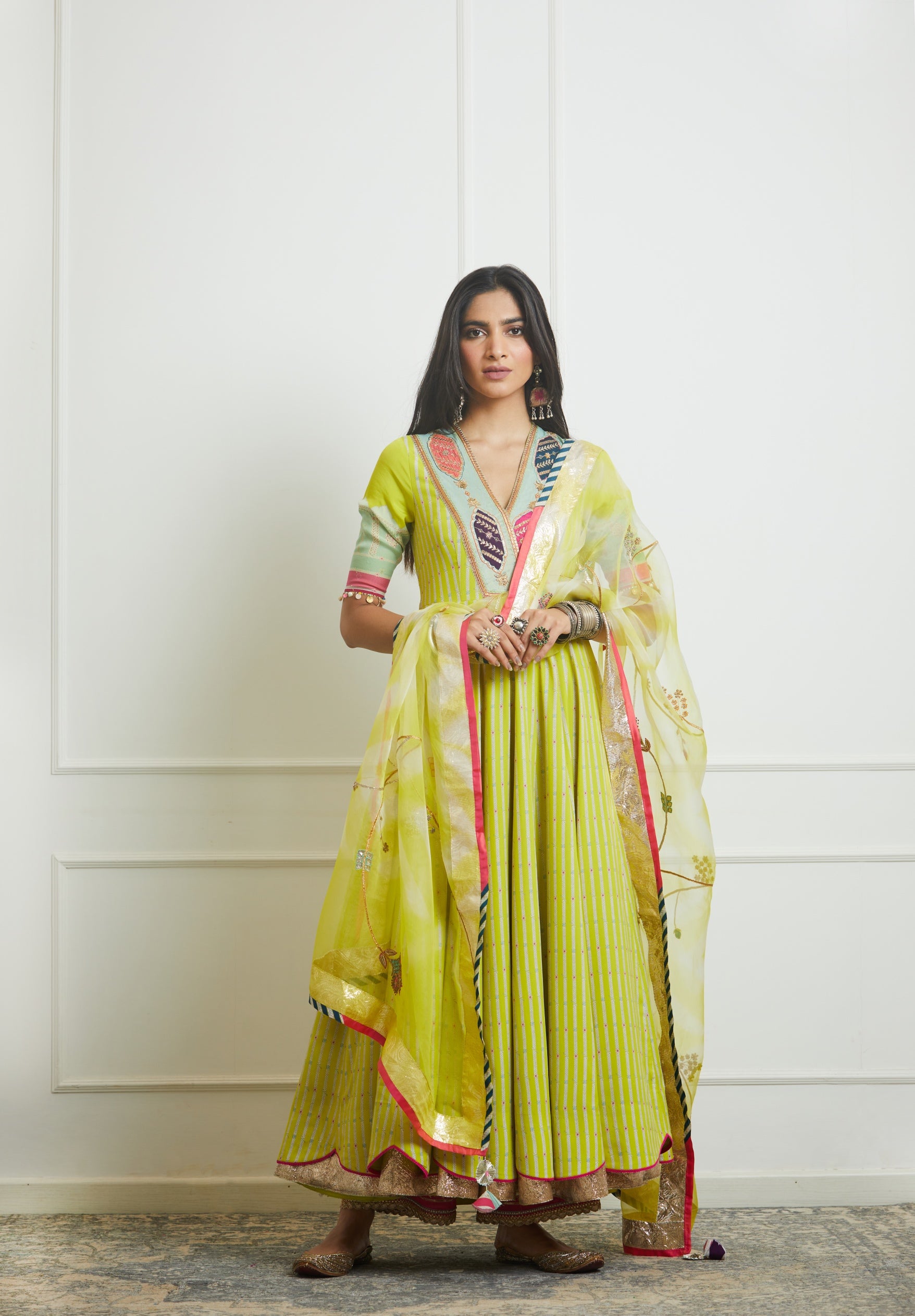 Bright Lime Printed Anarkali Set
