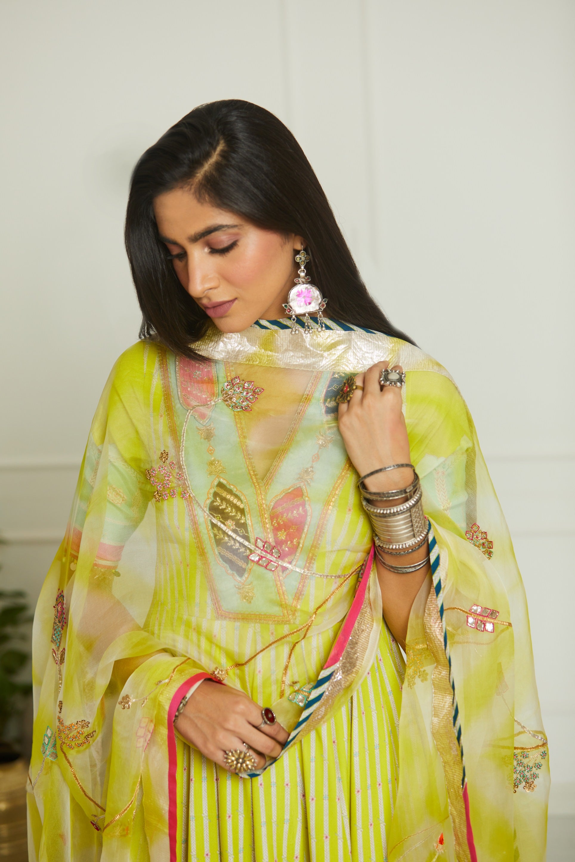Bright Lime Printed Anarkali Set