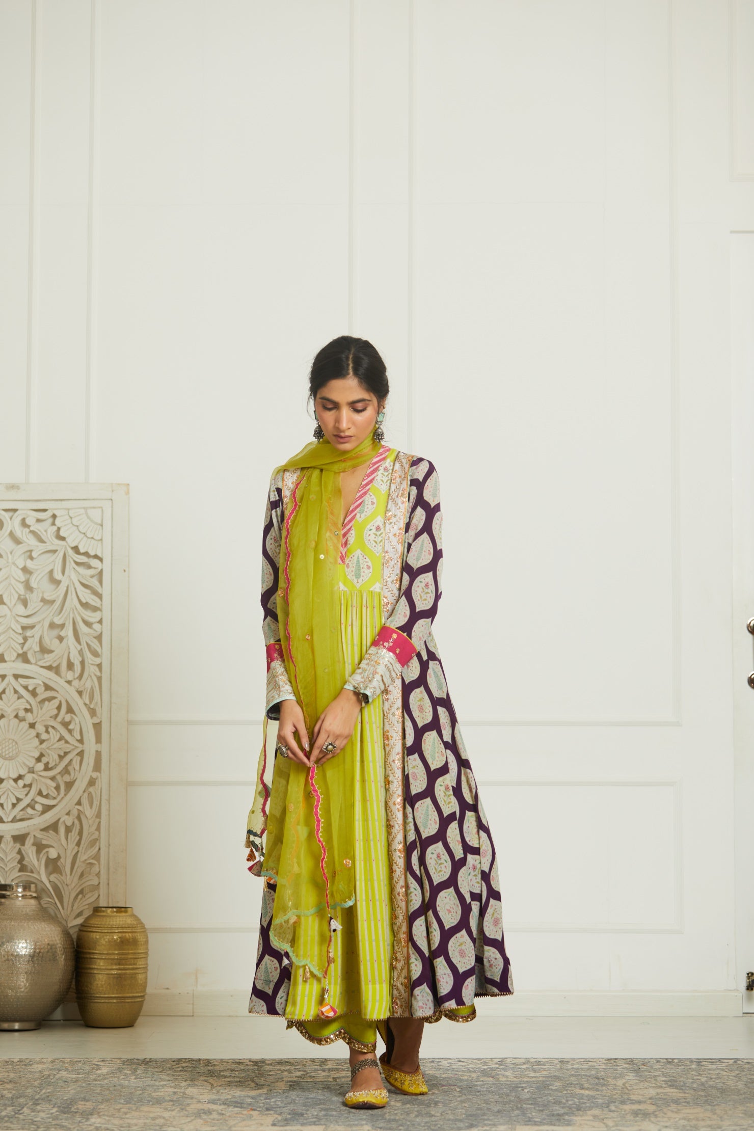 Purple - B. Lime Printed Panel Kurta Set