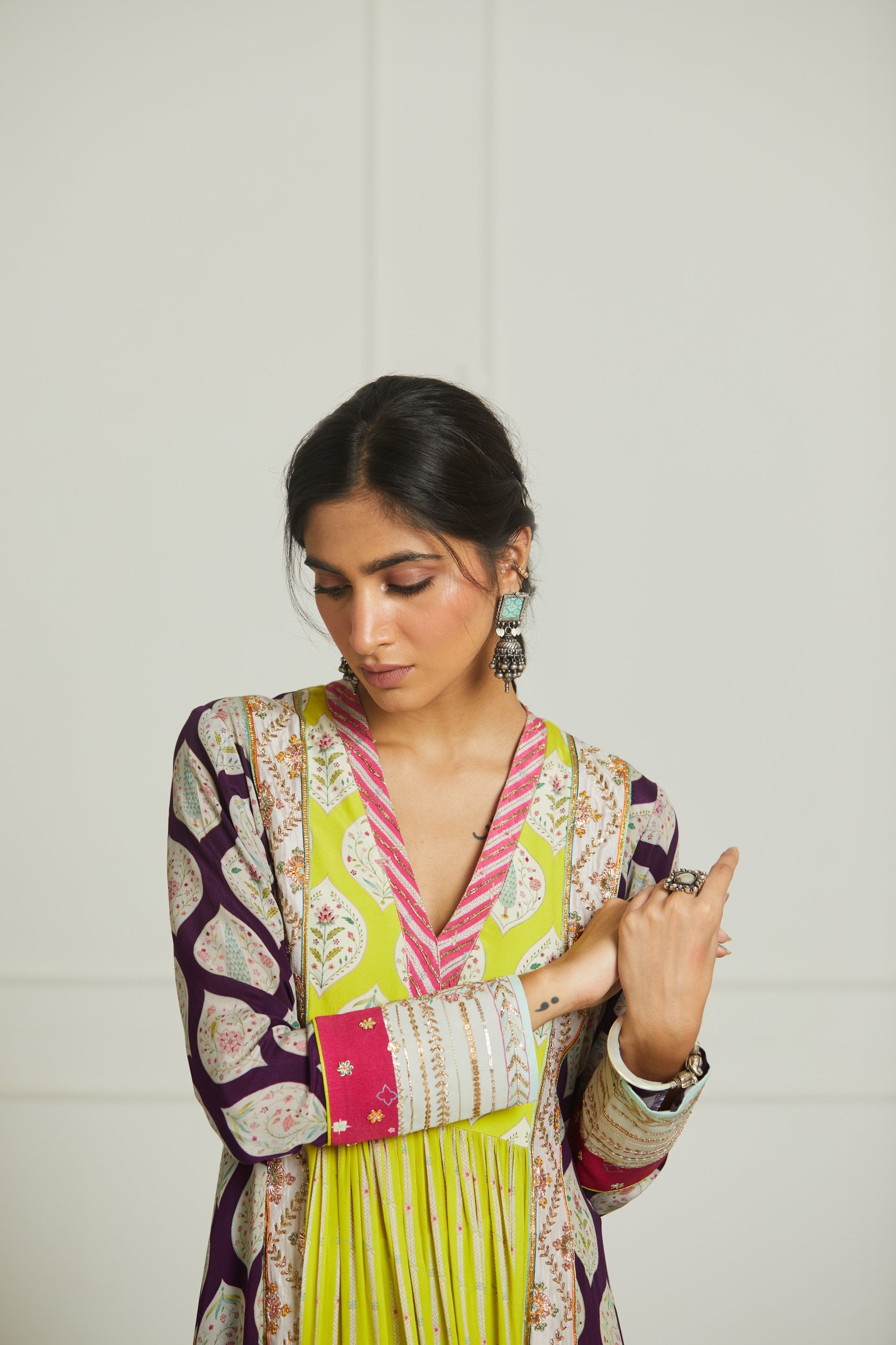 Purple - B. Lime Printed Panel Kurta Set