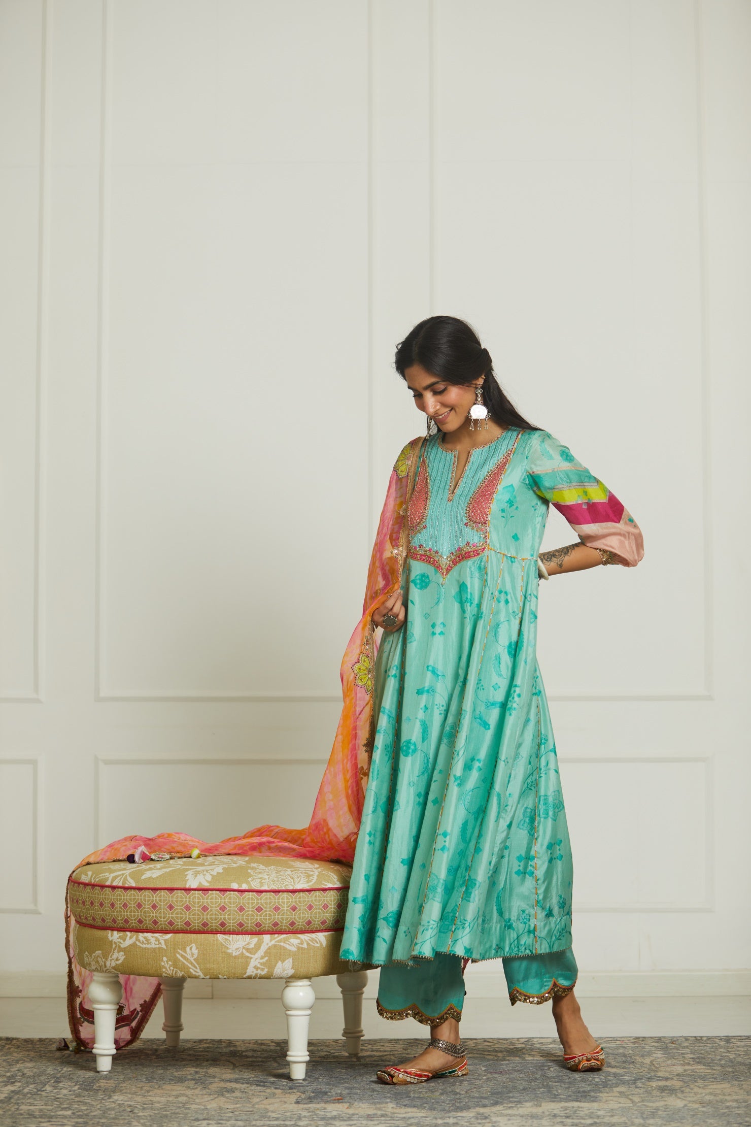 Sea Green Yoke Side Kali Kurta Set
