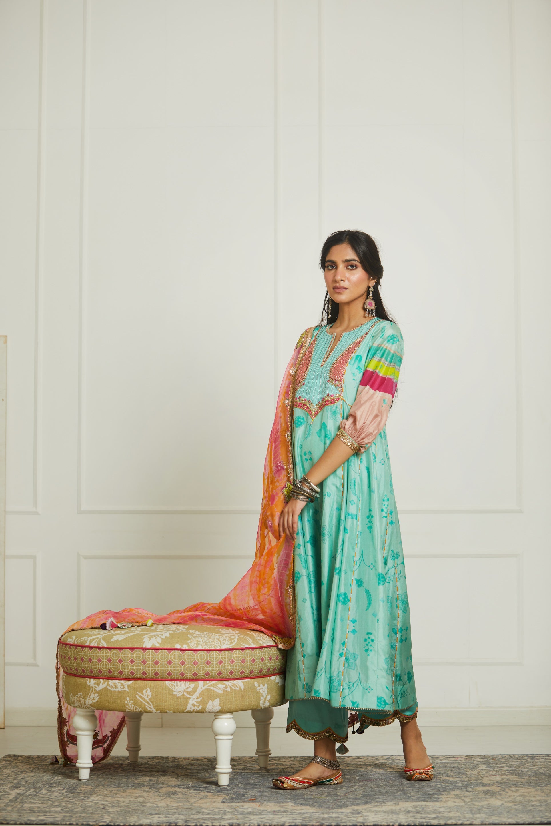 Sea Green Yoke Side Kali Kurta Set