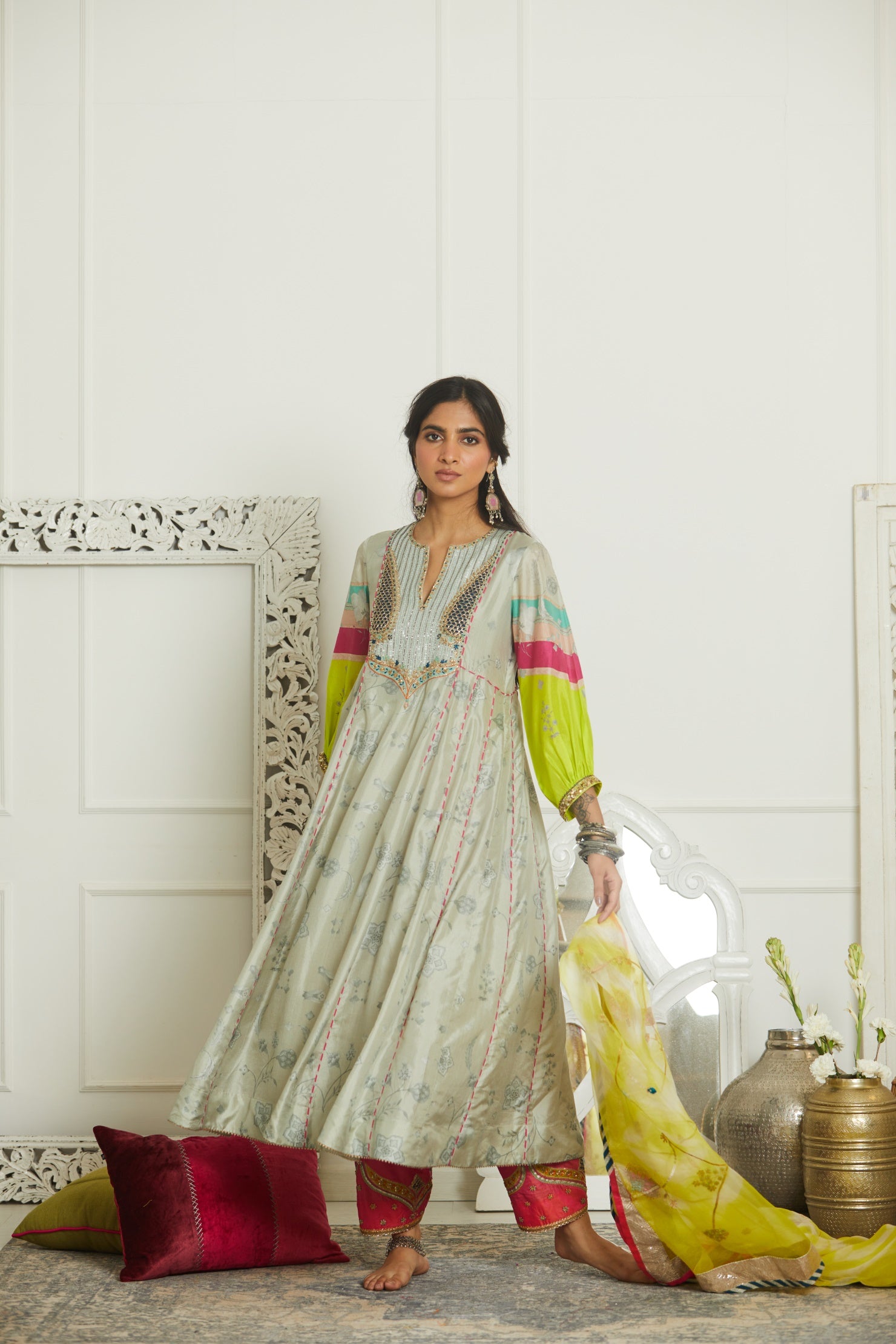 Mehzabeen Grey Yoke Side Kali Kurta Set
