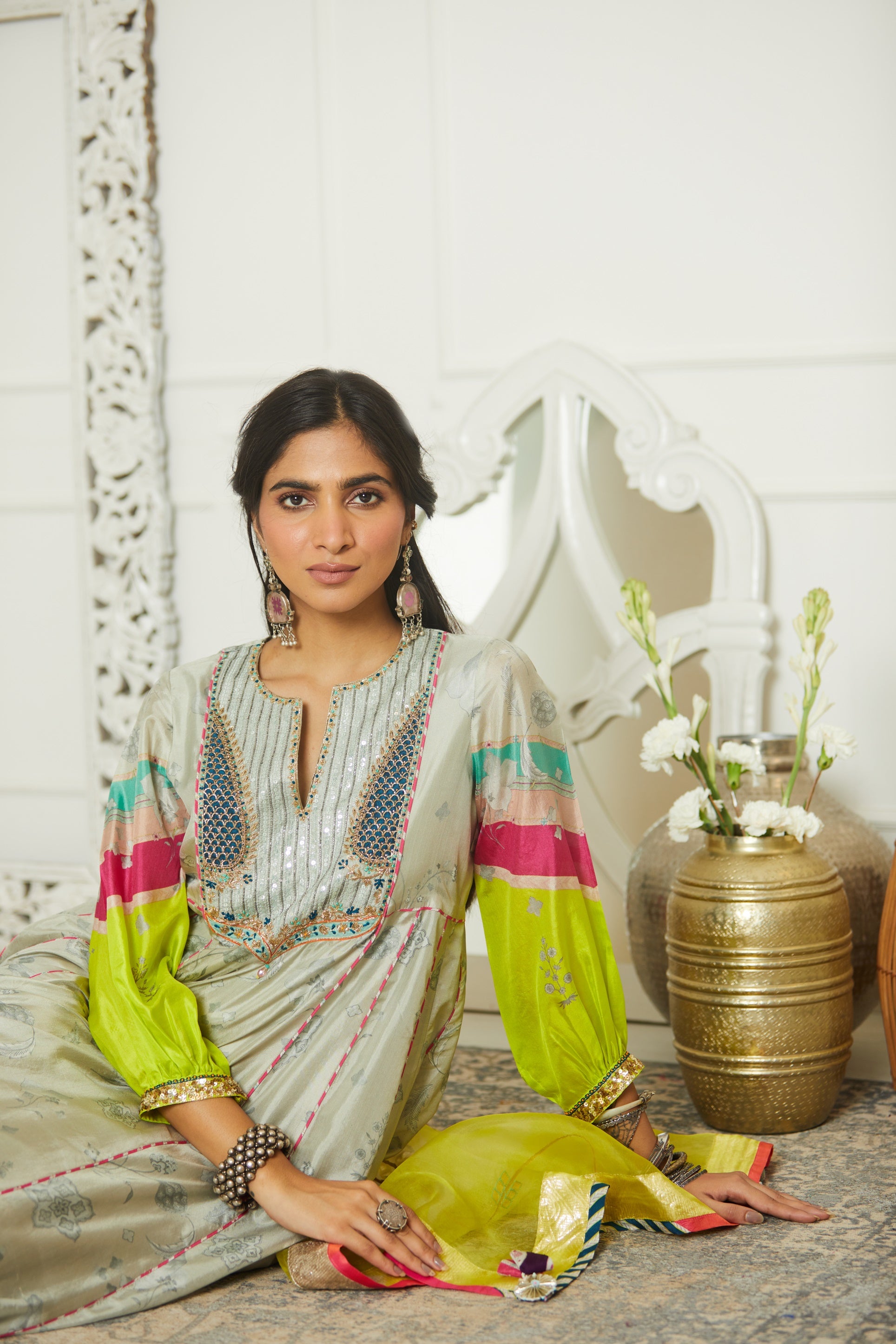 Mehzabeen Grey Yoke Side Kali Kurta Set