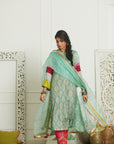 Mehzabeen Powder Blue Printed Silk Back Pleat Kurta Set