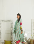 Mehzabeen Powder Blue Printed Silk Back Pleat Kurta Set