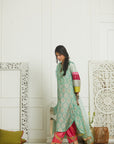 Mehzabeen Powder Blue Printed Silk Back Pleat Kurta Set