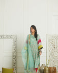 Mehzabeen Powder Blue Printed Silk Back Pleat Kurta Set