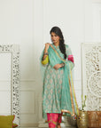 Mehzabeen Powder Blue Printed Silk Back Pleat Kurta Set