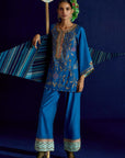 Mastani Yoke Jaal Teal Blue Silk Short Kurta Set