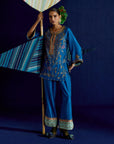 Mastani Yoke Jaal Teal Blue Silk Short Kurta Set