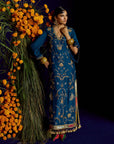 Mastani Teal Silk Carnation Jaal Kaftan Dress