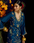 Mastani Teal Silk Carnation Jaal Kaftan Dress