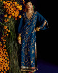 Mastani Teal Silk Carnation Jaal Kaftan Dress