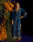 Mastani Teal Silk Carnation Jaal Kaftan Dress