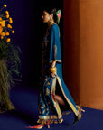 Mastani Teal Silk Carnation Jaal Kaftan Dress