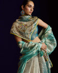 Mastani Teal Tissue Organza Laap Boota Saree Set