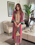 Mastani Pink- Green Stripes Yoke Kaftan Dress