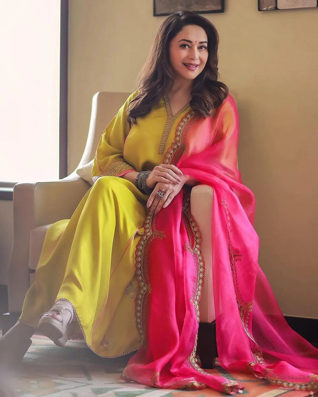 strapless open back dress Madhuri Dixit Nadira Lime Yellow Silk Butti Back Yoke Kurta Set
