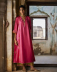 Nadira Hot Pink Silk Butti Back Yoke Kurta Set
